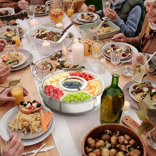 Divided Serving Tray with Lid and Handle, Stackable Snackle Box Container for Fruits Candy Organizer, Portable Spinning Rounded Veggie Tray for Kitchen, Party, Trave and Picnic-2 PACK - color: 12" L-2pcs (White)
