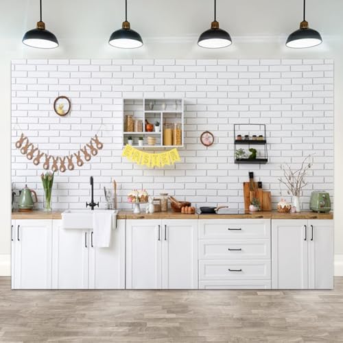 20x10ft Easter Kitchen Backdrop White Brick Wall Background with Bunny Eggs Bunting Banner Easter Photo Booth Prop Spring Theme Kitchen Scene Decoration for Events and Home Styling - color: color 1, size: 20x10ft