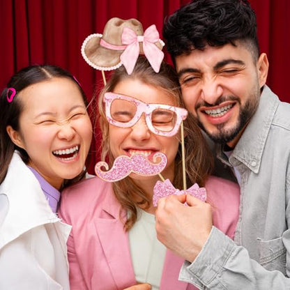 Pink Bow Party Decorations Photo Booth Props - 16 Pieces, Bow Themed Party Decorations for Girls Women Baby Shower Birthday Supplies