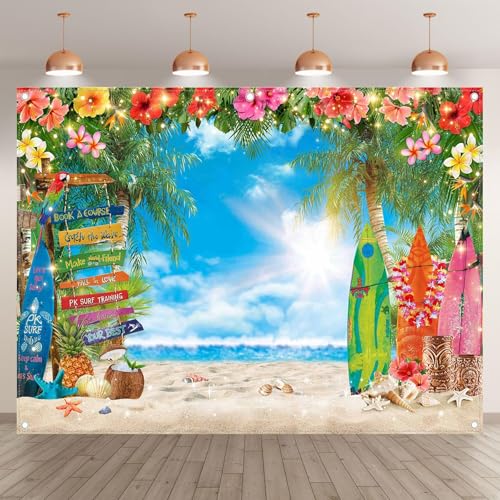 8x6ft Summer Hawaiian Beach Photography Backdrop Tropical Flower Palm Leaves Surfboard Background for Luau Aloha Party Decoration Banner Photo Booth - size: 8x6ft