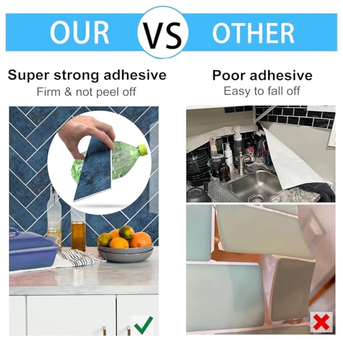 24-Pieces Peel and Stick Tiles for Kitchen Backsplash, New Upgrade Design 12" x 3"SPC Subway Backsplash Tiles, Marble Blue Premium Finger Tiles (Blue). - color: Blue, size: 10 Sheet