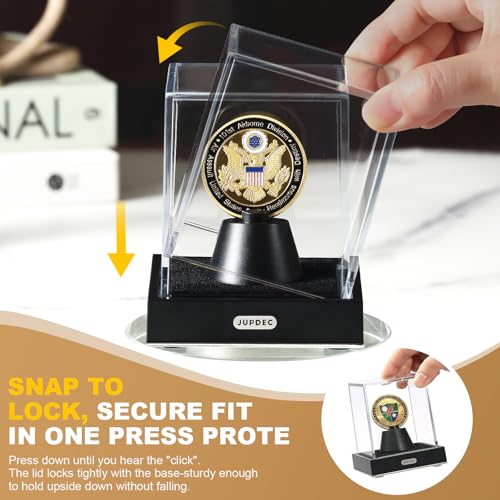 JupDec Coin Display Case, Clear Acrylic Single Coin Holder with Durable Base, Dustproof Cube Showcase with Black Velvet Interior, Ideal Gift for Challenge Coin Fans & Collectors - size: 1 Pack