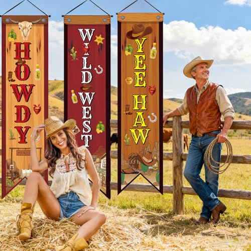 3Pcs Western Party Decorations Cowboy Banners Wild West Hanging Decor Howdy Yee Haw Porch Sign Backdrops Welcome Banner Porch Sign for Men Boy Indoor Outdoor Western Birthday Photo Props