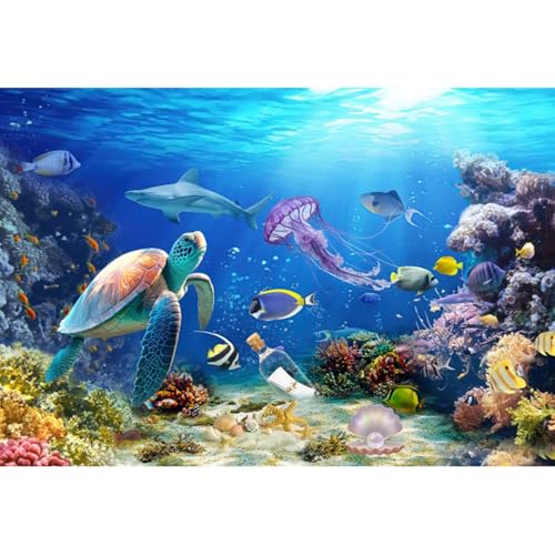 deFouliao Under The Sea Backdrop Ocean Underwater World Turtle Dolphin Fish Drifting Bottle Background for Baby Shower Birthday Party Decorations Photo Banner Props, 9x6ft - color: Dark Blue, size: 9x6ft