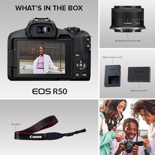 Canon EOS R50 Mirrorless Camera RF-S18-45mm F4.5-6.3 is STM Lens Kit, 24.2 Megapixel CMOS (APS-C) Sensor, 4K Video, Vlogging, Content Creation, Photography, Digital Camera, Black - color: Black, style: EOS R50 w/RF-S18-45mm