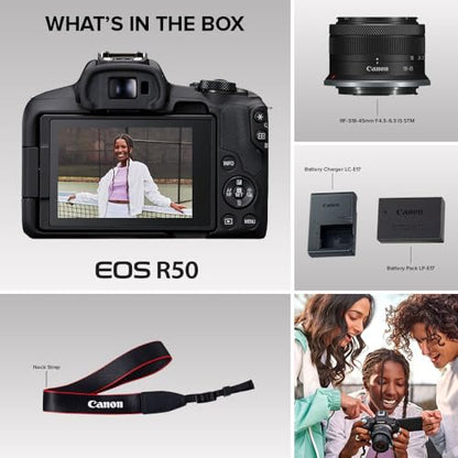 Canon EOS R50 Mirrorless Camera RF-S18-45mm F4.5-6.3 is STM Lens Kit, 24.2 Megapixel CMOS (APS-C) Sensor, 4K Video, Vlogging, Content Creation, Photography, Digital Camera, Black - color: Black, style: EOS R50 w/RF-S18-45mm