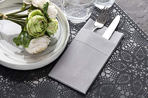 Moyes Home Gray Disposable Dinner Napkins with Pocket - Linen-Feel Pre-Folded Cloth-Like Paper Napkins for Silverware, Weddings, Dinner Parties, 16x16 in, Pack of 50 - color: Grey