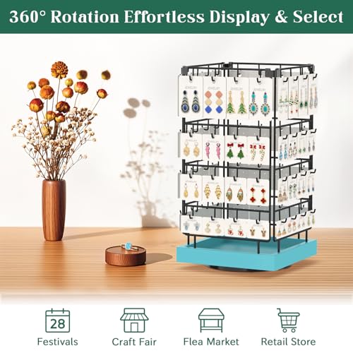 EsLuker.ly Rotating Earring Display Holder Stand for Vendors Events Selling, Large Capacity 64 Hooks Jewelry Rack with Wooden Base for Earring Card Sales, Enhances Retail Visibility (Blue) - color: Blue+Black