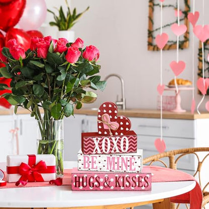 GlikCeil 4 Pcs Valentine's Day Table Sign Tiered Tray Decor Valentine's Day Heart Table Wood Block Decorations Centerpieces Farmhouse Rustic Be Mine Hug Kisses Decor for Home Office Desk Shelf Decors - style: Heart