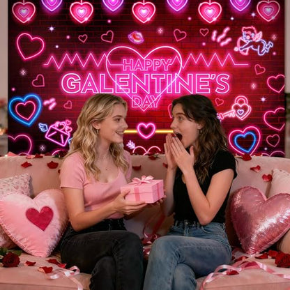 MEHOFOND 7x5ft Galentines Day Backdrop Pink Neon Galentine's Girls Night Decorations Banner Girls Theme Party Ladies Valentines Day Party Photography Background Happy Galentine's Day Photo Booth Props - color: Pink