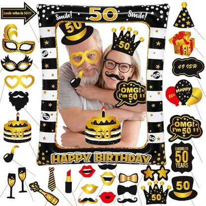 50th Birthday Photo Booth Props, Black Gold Inflatable Photo Booth Frame, 30PCS Photo Booth Props, for Party Selfie Party Decorations and Gifts - size: 50th Birthday Inflatable Frame