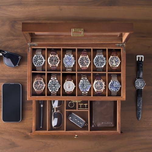 ProCase Wooden Watch Case, 12 Slot Mens Watch Box with Drawer, 2-Layer Mens Jewelry Box Storage Holder Organizer Display Case,Valentine Anniversary Birthday Gifts for Men Women -12 Slot, Brown - color: Brown, size: 12-Slot
