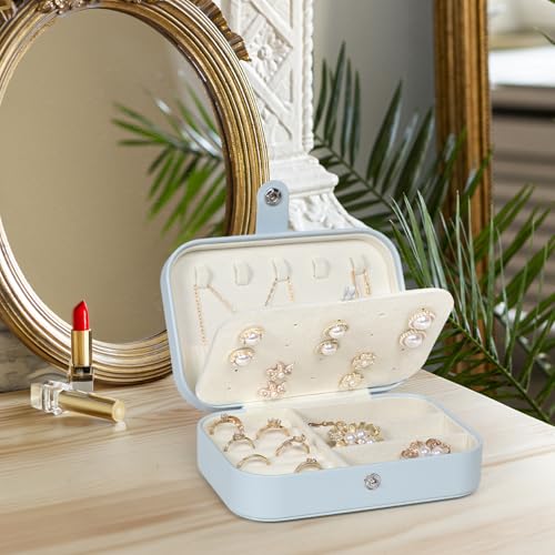 Hatori Travel Jewelry Box, PU Leather Small Jewelry Organizer for Women Girls, Double Layer Portable Mini Travel Case Display Storage Holder Boxes for Stud Earrings, Rings (Light Blue) - color: Light Blue