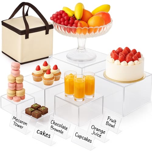DomeStar 6PCS Clear Buffet Risers with Mini Sign, Food Risers Dessert Table Display Set for Buffet Table Party Catering Cupcake Cake Jewelry, Nesting Boxes for Food Display 8" 7" 6" 5" 4" 3" - color: Transparent
