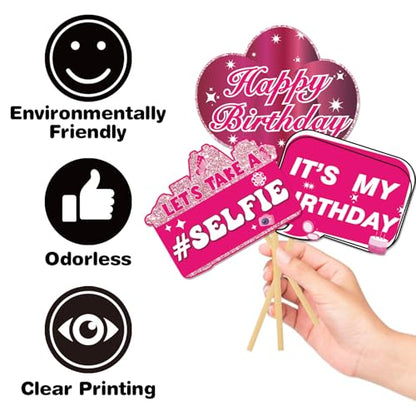 30Pcs Pink Girl Birthday Photo Booth Props with Sticks,Hot Pink Girls Birthday Party Decoration Supplies for Girls Women Disco Night Bachelorette Party Photo Booth Props