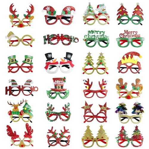 GoosWexmzl 24 Pcs Christmas Glasses Frames, Christmas Tree Santa Reindeer Glitter Eyeglasses, Funny Christmas Decoration Accessories for Adults, Holiday Favors Photo Booth props