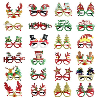 GoosWexmzl 24 Pcs Christmas Glasses Frames, Christmas Tree Santa Reindeer Glitter Eyeglasses, Funny Christmas Decoration Accessories for Adults, Holiday Favors Photo Booth props