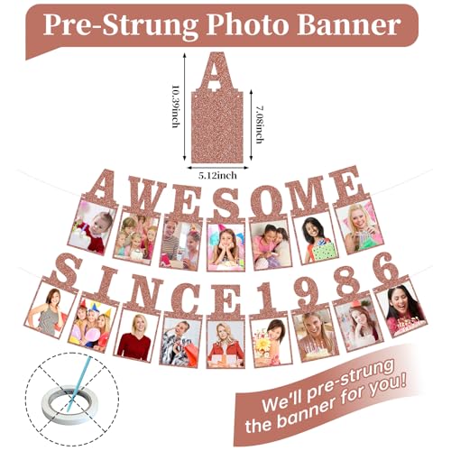 Pre-strung Awesome Since 1986 Photo Banner Birthday Decorations for Women- Pink Rose Gold Glitter 40th Birthday and Anniversary Decorations Party Supplies - style: Pink Rose Gold 40th