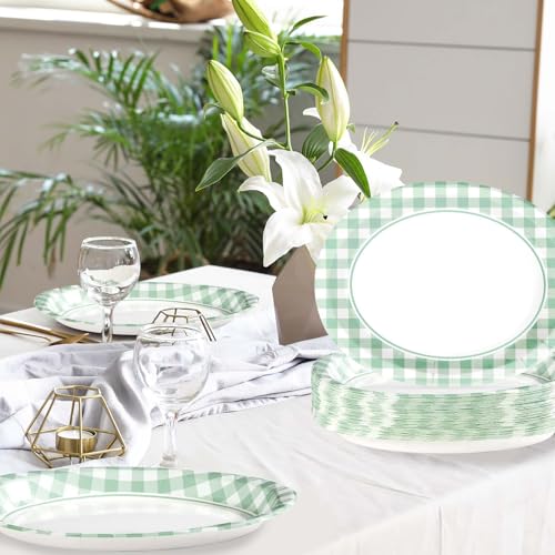 Grencian 50 Pcs Gingham Party Supplies 10"x12" Large Sage Green Gingham Oval Plates Disposable Heavy Duty Green and White Checkered Plaid Paper Plates for Baby Shower Picnic BBQ Birthday Wedding Bride - style: Green Gingham Oval Plates