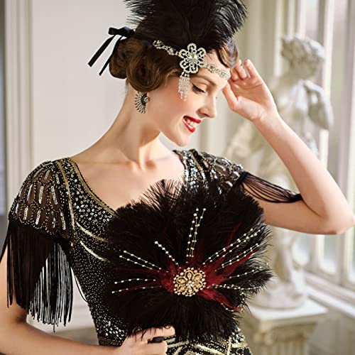 BABEYOND Vintage Bridal Feather Fan - Ostrich Feather Crystal Bridesmaid Bouquet - 20s Gatsby Wedding & Flapper Accessories (Black Red) - color: Black Red