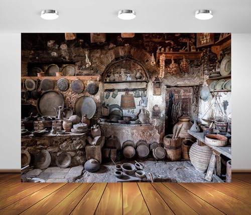 7x5ft Fabric Rustic Old Kitchen Backdrop Old Village Stone Kitchen Antique Pantry Monasteries in Meteora Greece Background Rural Farmhouse Cooking Utensils Backdrop Photo Booth Props - size: 7x5FT