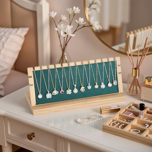KUKUVR Wooden Necklace Display Stand, Detachable Velvet Pad Jewelry Organizer Holder for Necklace Pendant Bracelet Chain Earring, Jewelry Display for Selling, Retail, Home Storage (Green Velvet) - color: Green Velvet