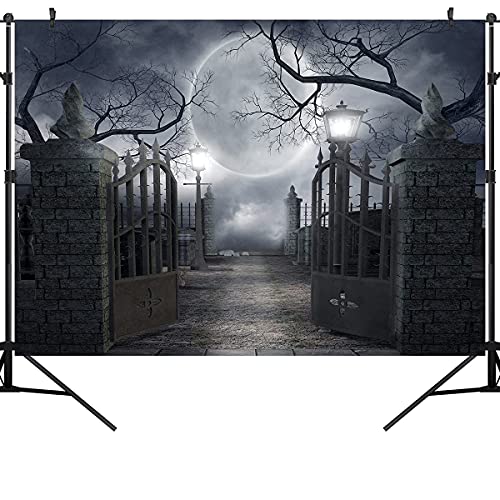 Halloween Night Full Moon Backdrop Gloomy Woods Graveyard Photography Background Horrible Cemetery Spooky Party Banner Halloween Party Decoration Photo Booth Props 7X5FT TP17F - size: 7X5FT