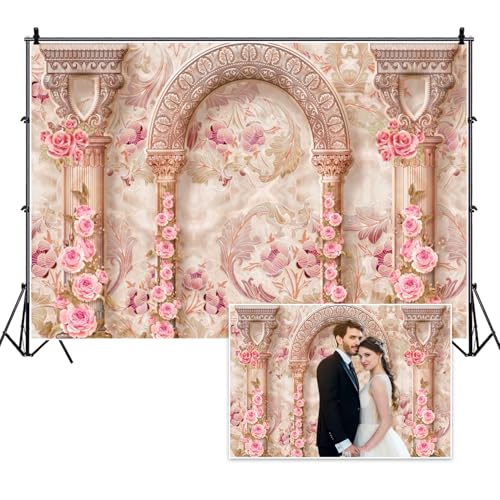 10x8ft Pink Flower Wall Backdrop Vintage Castle Arch Roman Column Elegant Floral Luxury Romantic Photography Background Wedding Bridal Shower Girls Birthday Valentine's Day Church Decor - size: 10x8ft-polyester