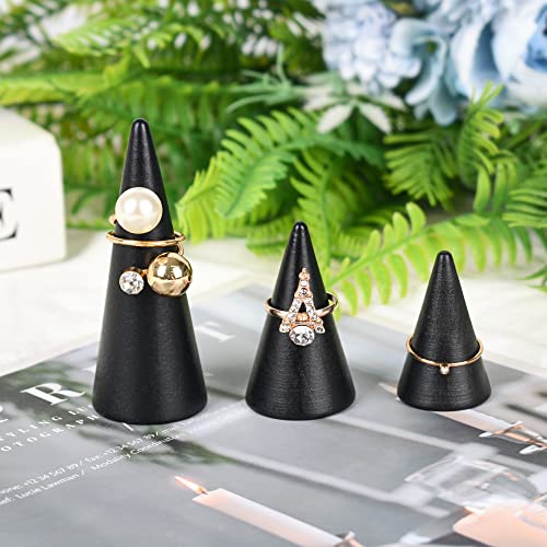 Black Wood Cones, 10Pcs 3 Different Sizes Wood Cone Rings Holder Jewelry Display Stand Vertical Shaped Wooden Cones for Girls Women DIY Craft - color: Black