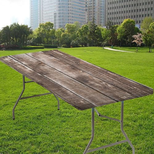 Old Wooden Texture Background Rectangle Vinyl Tablecloth, Fitted Table Cover, 100% Waterproof, Elastic Edge, for Picnic, Camping, Outdoor, for 48x24 Inch Rectangular Table, Style 83 - color: Wood Texture -1, size: 48" x 24" (Rectangular)
