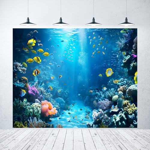 Under The Sea Backdrop 9x6ft Ocean Backdrop Underwater World Colorful Tropical Fish Coral Aquarium Deep Sea Sunlight Photography Background Birthday Under The Sea Party Decorations Photo Props - color: Blue2, size: 9x6ft