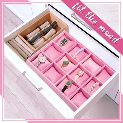 Henoyso 2 Pieces 12 Grid Velvet Watch Tray Jewelry Organizer Stackable Watch Bracelet Bangle Display Holder Adjustable Pillow(Pink) - color: Pink, size: 12 Grid