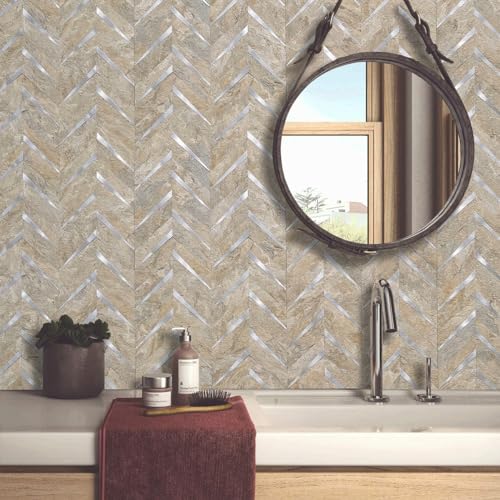 DICOFUN 10-Sheet Sandstone Look Herringbone Peel and Stick Backsplash for Kitchen, PVC Mixed Metal Gold Chevron Stick on Backsplash Wall Tiles - color: Sandstone and Metal Silver, size: 10 Sheets, 12"x12"x0.12"
