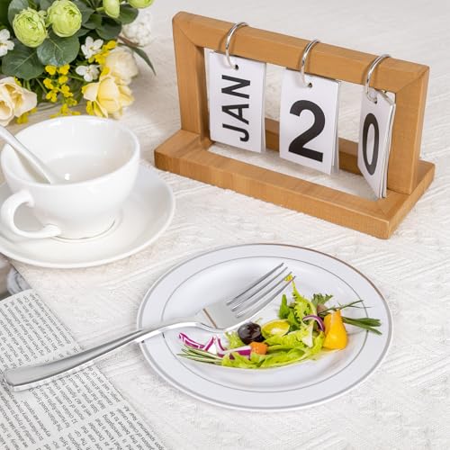 bUCLA 200PCS Silver Plastic Plates - 6.25inch White with Silver Trim Disposable Salad/Dessert/Appetizer/Small Cake Plates - Ideal for Wedding & Party - color: 6.25Inch-200pcs-Silver