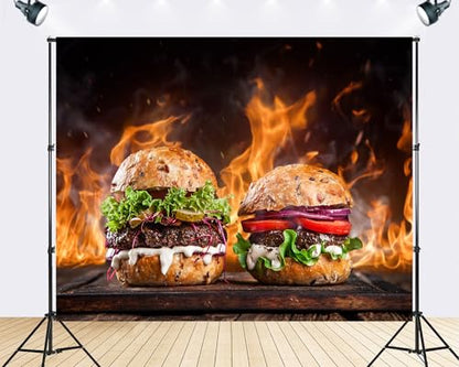 Trykid 9x6ft Flame Grilled Burger Backdrop Juicy Patty Fresh Veggie Rustic Wood Scene Photography Background Food Festival BBQ Gathering Party Decoration Tapestry Photo Booth Prop Fabric - size: 9x6ft