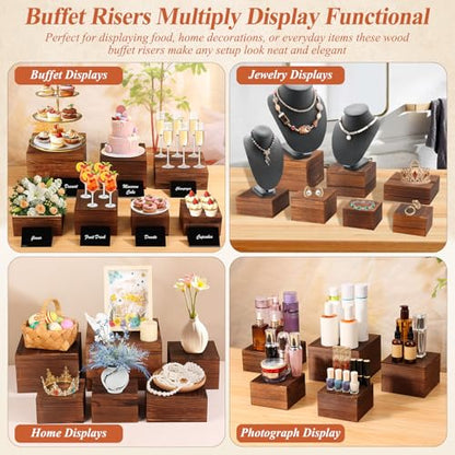 Qinzave 7 Pack Wooden Risers Display Stands with Acrylic Maker Pen and Mini Sign, Food Risers for Buffet Table Shelf Display Stand for Party Catering Dessert Cupcake Jewelry - size: 8.8" 8" 7" 6.5" 6" 5" 5"