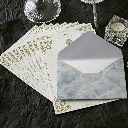 48 Pcs Stationery Set with Envelopes (24 White Kraft Paper Sheets +12 Marble Texture Envelopes+12+Wax Seal Stickers), Premium Stationery Letter Writing Paper Set for Party Invitations (Blue) - color: Blue