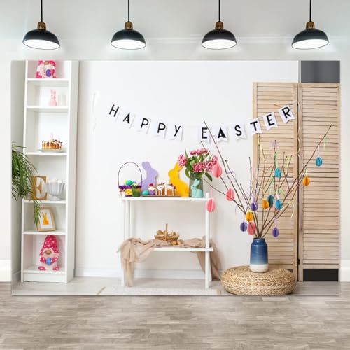 5x3ft Happy Easter Backdrop Spring Bunny Photography Background Easter Rabbits Colorful Eggs Floral Banner Cake Table Decoration Home Wall Decor Festival Party Decor - color: color 2, size: 5x3ft