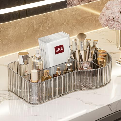 Makeup Organizer Countertop for Vanity Acrylic Skincare Storage and Make up Organization for Desk,Cosmetic Display Case and Makeup Brush Holder for Bathroom,5 Compartments（1PC,Grey） - color: Grey