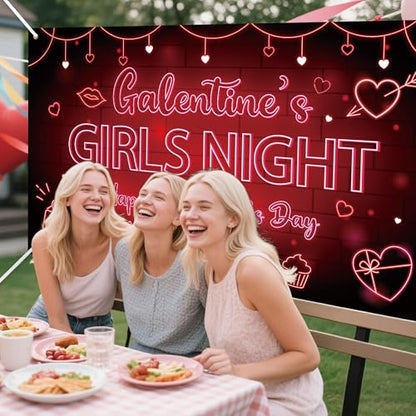 Galentine's Girls Night Backdrop Banner - Happy Galentine's Day Banner Photography Background Black Red Neon Girls Theme Party Banner for Ladies Valentines Day Party Decorations Photo Booth Props
