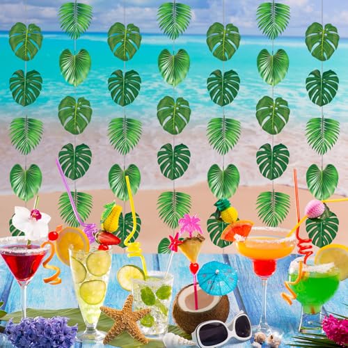 Xinnun Tropical Garland Party Decorations Palm Leaves Garland Banners Green Hawaiian Luau Leaf Hanging Decor for Summer Beach Pool Jungle Baby Shower Birthday Party Supplies - style: Palm