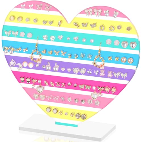 NiHome Heart-Shaped Acrylic Earring Holder Stand for Studs & Dangles, Romantic Jewelry Organizer for Vanity Dresser or Boutique Decorative Display Holds Up to 55 Pairs with 110 Holes (Macaron Stripes) - color: Macaron Stripes