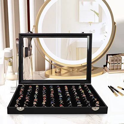 Wudygirl 100 Slot Ring Holder Display Case - Black Jewelry Organizer with Transparent Lid - style: 100 Slot Ring Tray