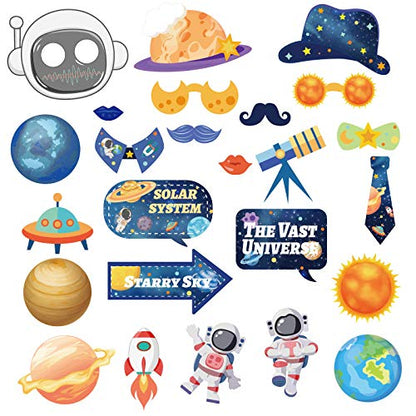 25Pcs Outer Space Party Photo Booth Props, Galaxy Selfie Props Astronaut & Planet Prop Outer Planet Birthday Party Supplies for Galaxy Astronaut Photography Backdrop Decor