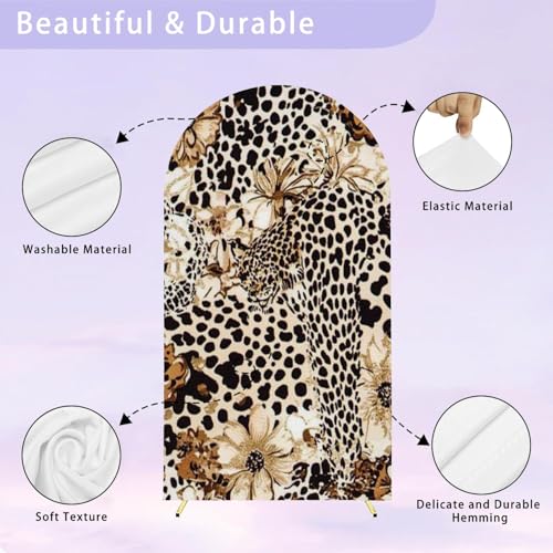 Leopard Texture Leopard Print Leopard Flowers Seamless Pattern 7.2FT Wedding Arch Cover Spandex Fitted Fabric Round Top Stretchy Backdrop Stand Covers for Wedding Birthday Party Decoration