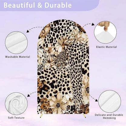 Leopard Texture Leopard Print Leopard Flowers Seamless Pattern 7.2FT Wedding Arch Cover Spandex Fitted Fabric Round Top Stretchy Backdrop Stand Covers for Wedding Birthday Party Decoration