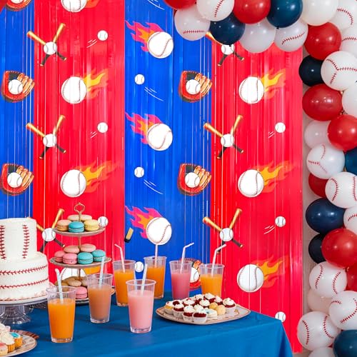 2Pack Baseball Backdrop Banner Baseball Birthday Party Decorations Supplies for Boys Kids, Sports Themed Party Decorations Blue White Red Tinsel Backdrop Foil Fringe Curtains Door Streamers