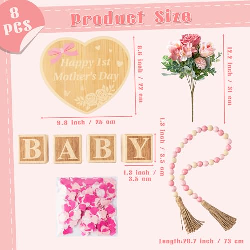 8Pcs Pregnancy Announcement Set for Mother's Day, Baby Reveal Ideas Include Pink Artificial Roses Beads Happy 1st Mother's Day Wooden Sign for Pregnancy Reveal Photo Prop Coming Soon Baby Announcement - color: Pink and White