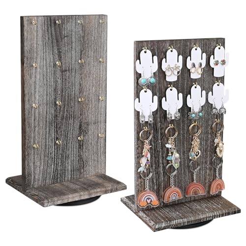 Ikee Design Wooden Rotating Two-Sided Jewelry Display Stand, Rotating Organizer with 32 Hooks for Store, Earring Keychain Display with Hooks, Coffee color, 9 W x 7.5 D x 16.5 H in - color: Coffee, 2 Pieces, Standard Hook