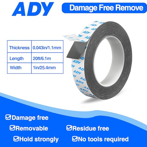 ADY Double Sided Tape Heavy Duty Removable 1in x 20ft, Double Stick Tape Foam Tape for Walls, Picture Hanging Strips with Adhesive Damage Free for Office Rent Room, Mounting Tape for Poster - color: Black